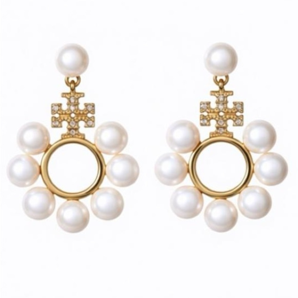 TORY BURCH KIRA PAVÉ LOGO MULTI PEARL DROP EARRINGS